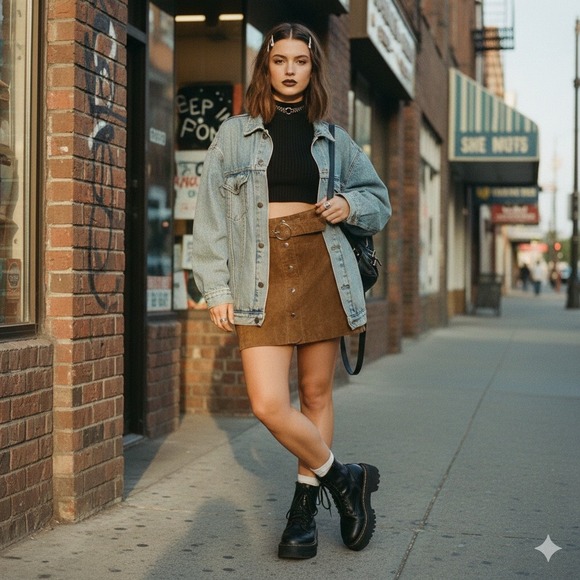 ZARA WOMAN Dresses & Skirts - ZARA WOMAN Brown Suede Leather A Line Snap Front Belted Mini Skirt S 90s‎ Biker